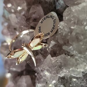 Solid Sterling Silver White Fire Opal Dragonfly Ring Size 8 NWT